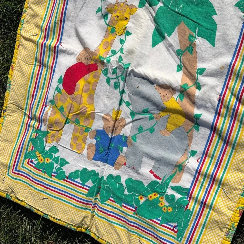 Vintage Baby Blanket Jungle Animals Monkey Giraffe Elephant‎ Quilt